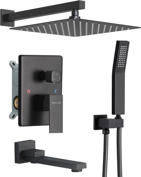 Wallex HydroFlow 3X® - Εντοιχιζόμενο Σετ Στήλης Ντους 3 Εξόδων με κεφαλή ντους 25cm, τηλέφωνο ντους & ρουξούνι, Μαύρο Ματ