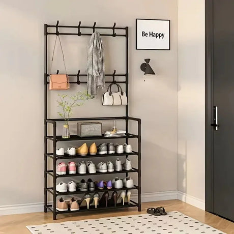 Wallex ErgoRack® - Μαύρη Πολυλειτουργική Κρεμάστρα & Ραφιέρα Παπουτσιών με 5 Ράφια & 8 Διπλές Κρεμάστρες | Ιδανική για Είσοδο, Σαλόνι & Γραφείο