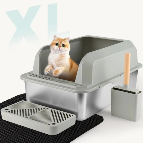 Wallex CatCare XXL Inox® - Ανοξείδωτη τουαλέτα γάτας για μεγάλες γάτες με δώρο χαλάκι συλλογής άμμου (60x40x30,5 εκ.)
