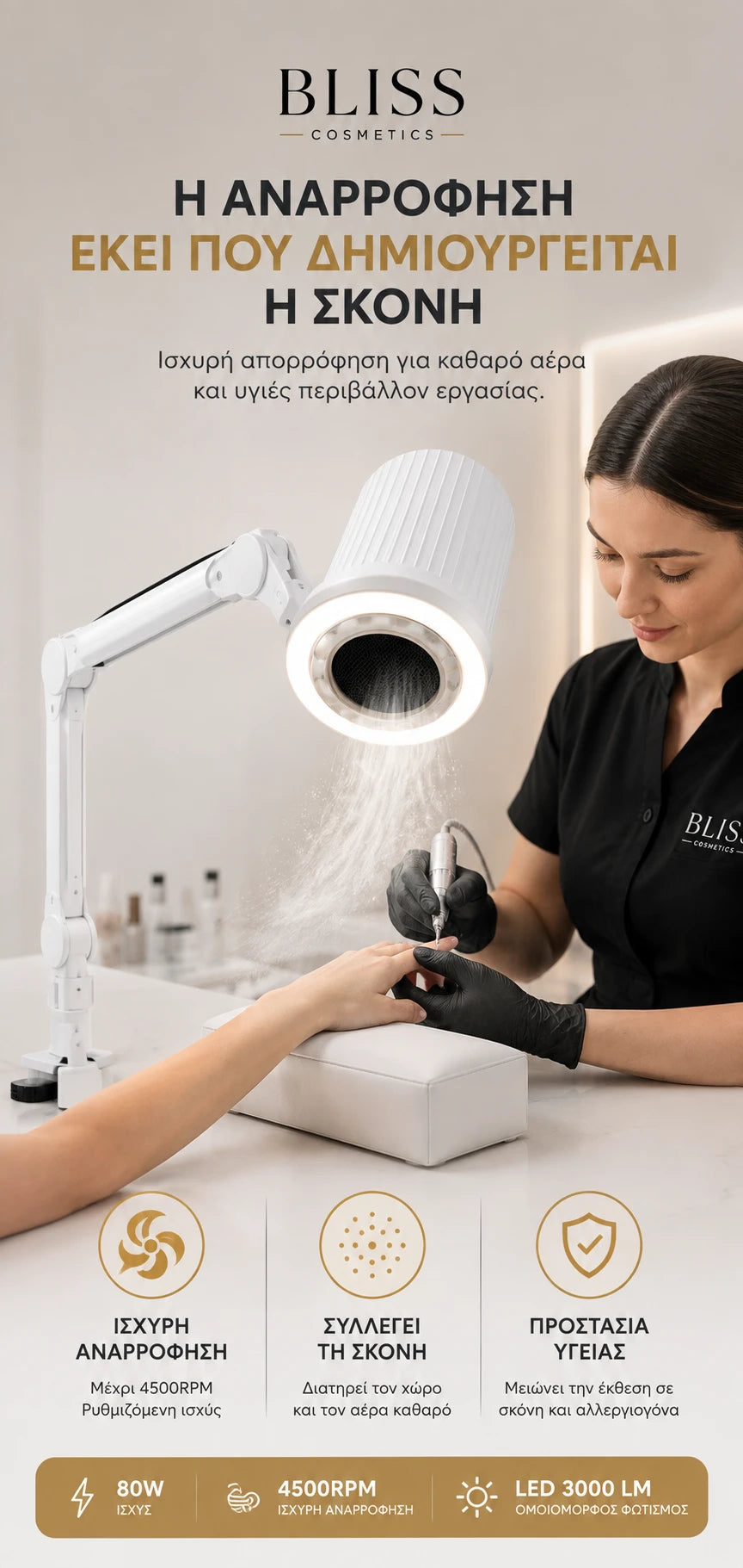 Bliss Cosmetics AeroVac Ultra X επαγγελματικός απορροφητήρας σκόνης νυχιών με ισχυρή αναρρόφηση και LED κατά τη διάρκεια manicure