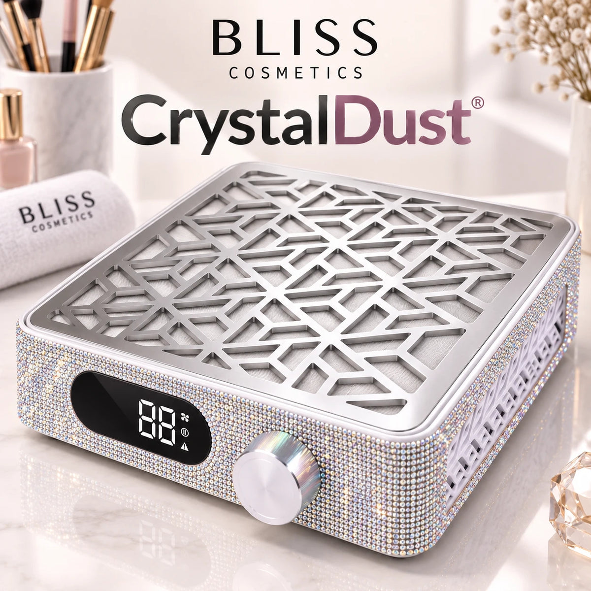 Bliss Cosmetics CrystalDust premium επαγγελματικός απορροφητήρας σκόνης νυχιών με crystal στρας, μεταλλική σχάρα και ρυθμιζόμενη αναρρόφηση