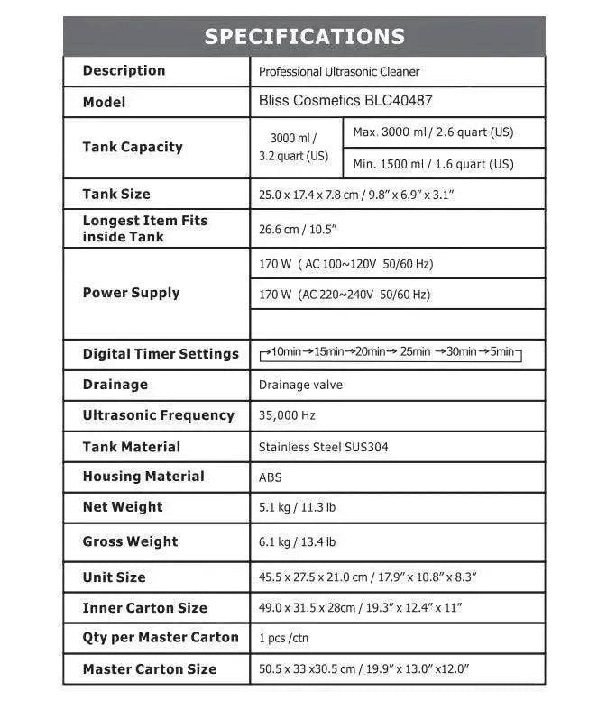 Bliss Cosmetics BLC40487 - Κορυφαίος καθαριστής υπερήχων για επαγγελματική χρήση & απολύμανση
