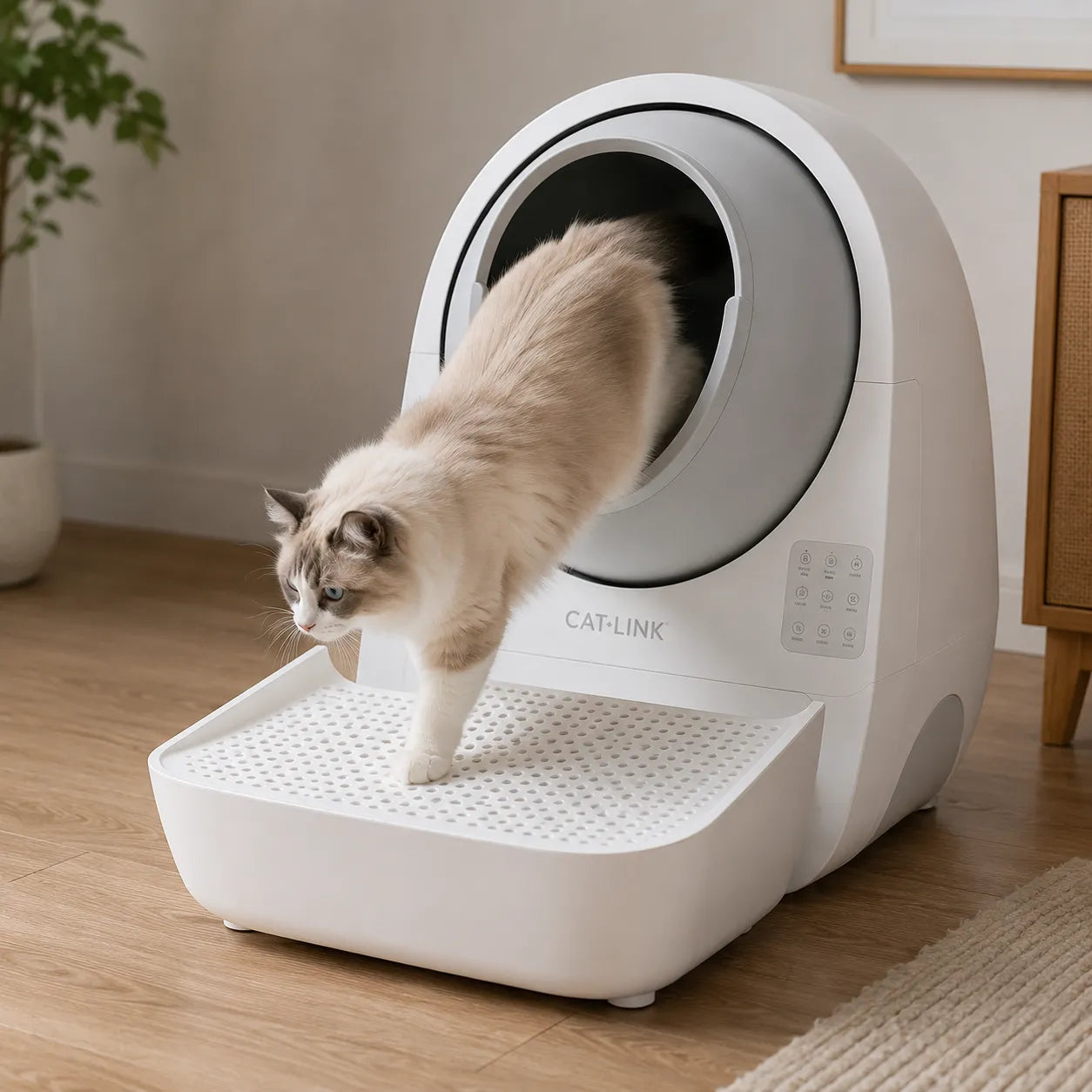 CATLINK Pro-X Luxury σκαλοπάτι πρόσβασης σε καθημερινή χρήση με γάτα που βγαίνει από αυτόματη τουαλέτα γάτας CATLINK, βοηθώντας στη συγκράτηση της άμμου και στη διατήρηση καθαρότερου χώρου στο wox.gr