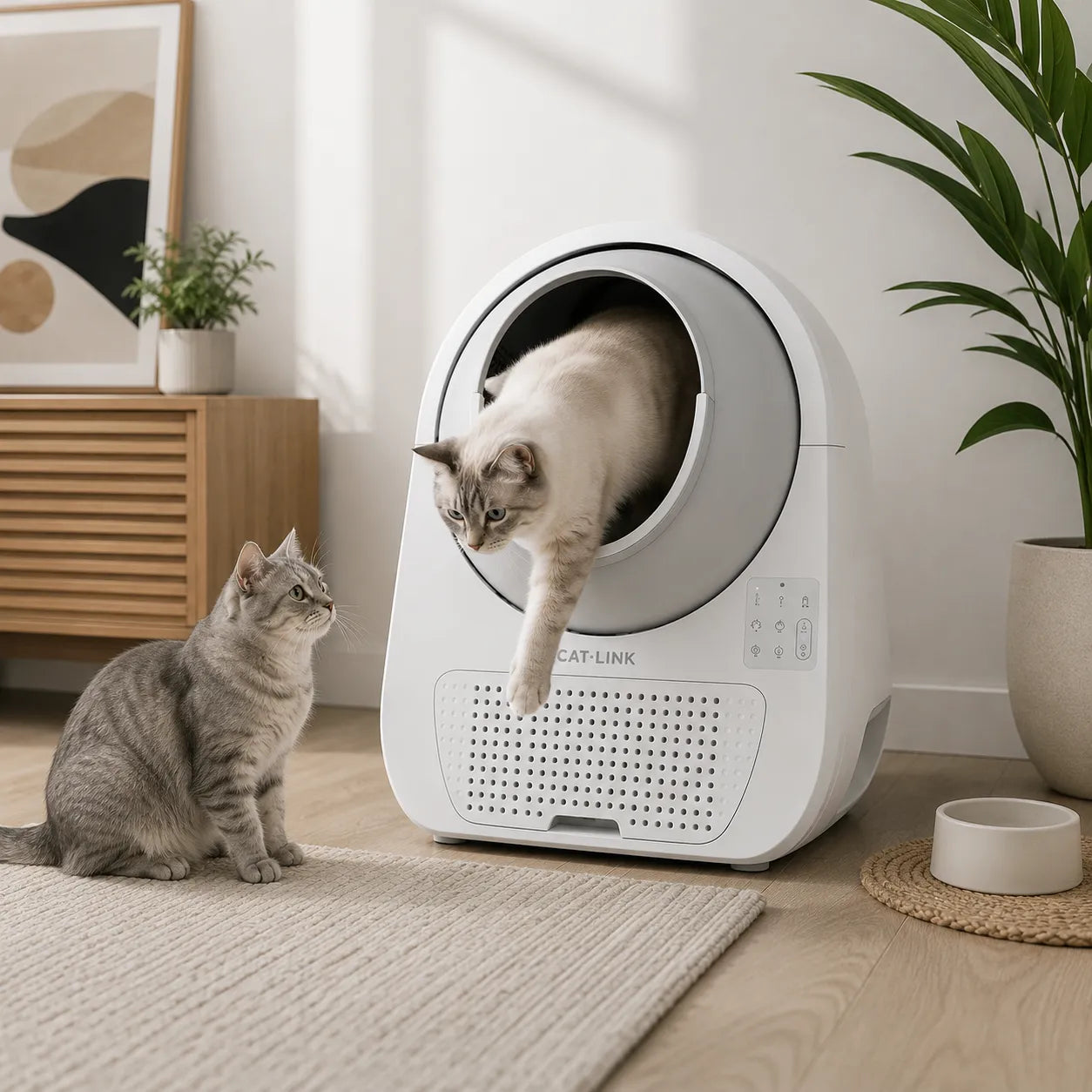CATLINK Pro-X Ultra έξυπνη αυτοκαθαριζόμενη τουαλέτα γάτας σε καθημερινή χρήση μέσα στο σπίτι, με δύο γάτες σε μοντέρνο χώρο διαβίωσης και αυτόματο καθαρισμό για νοικοκυριά με πολλές γάτες στο wox.gr