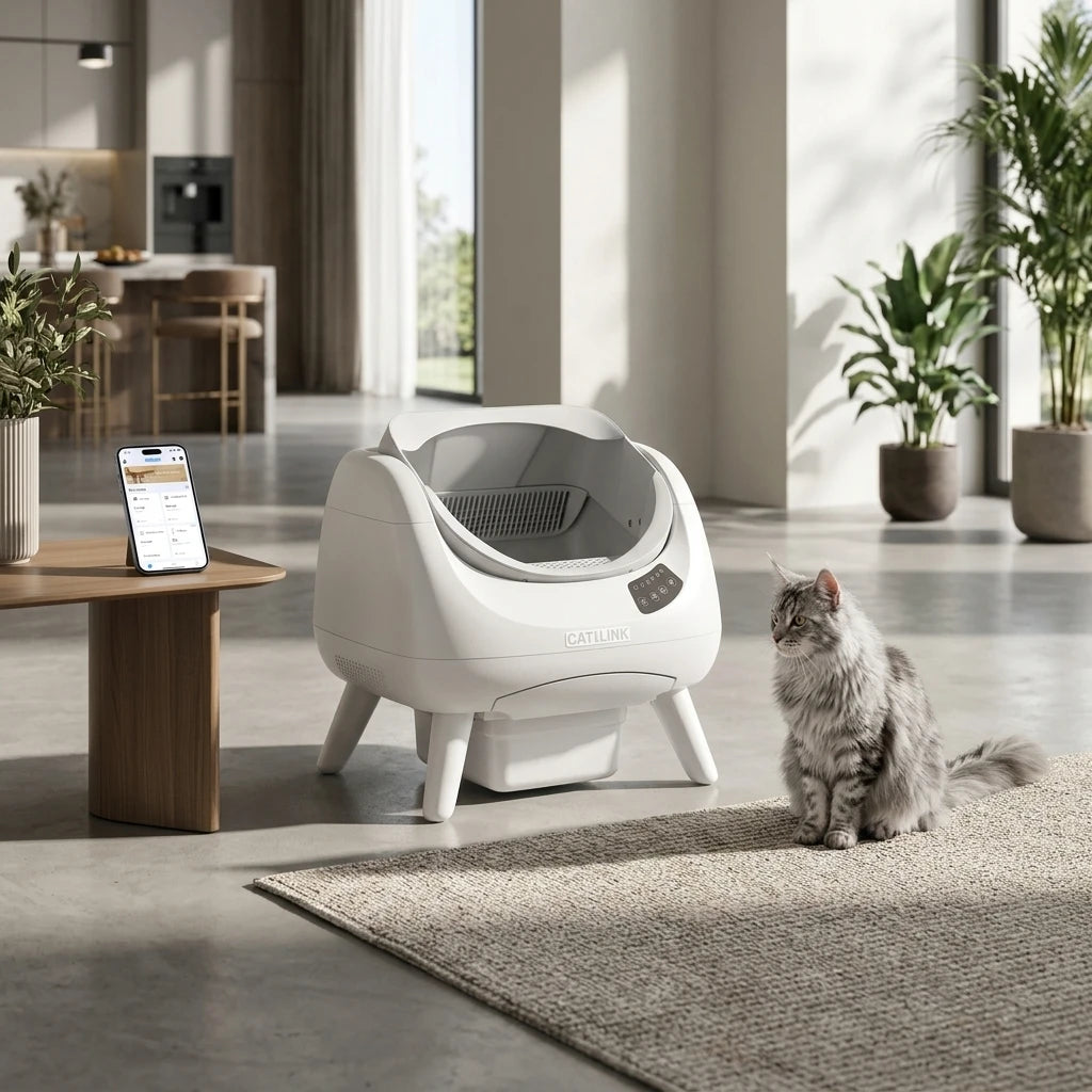 CATLINK premium αυτόματη λεκάνη γάτας σε μοντέρνο σαλόνι με εφαρμογή smartphone