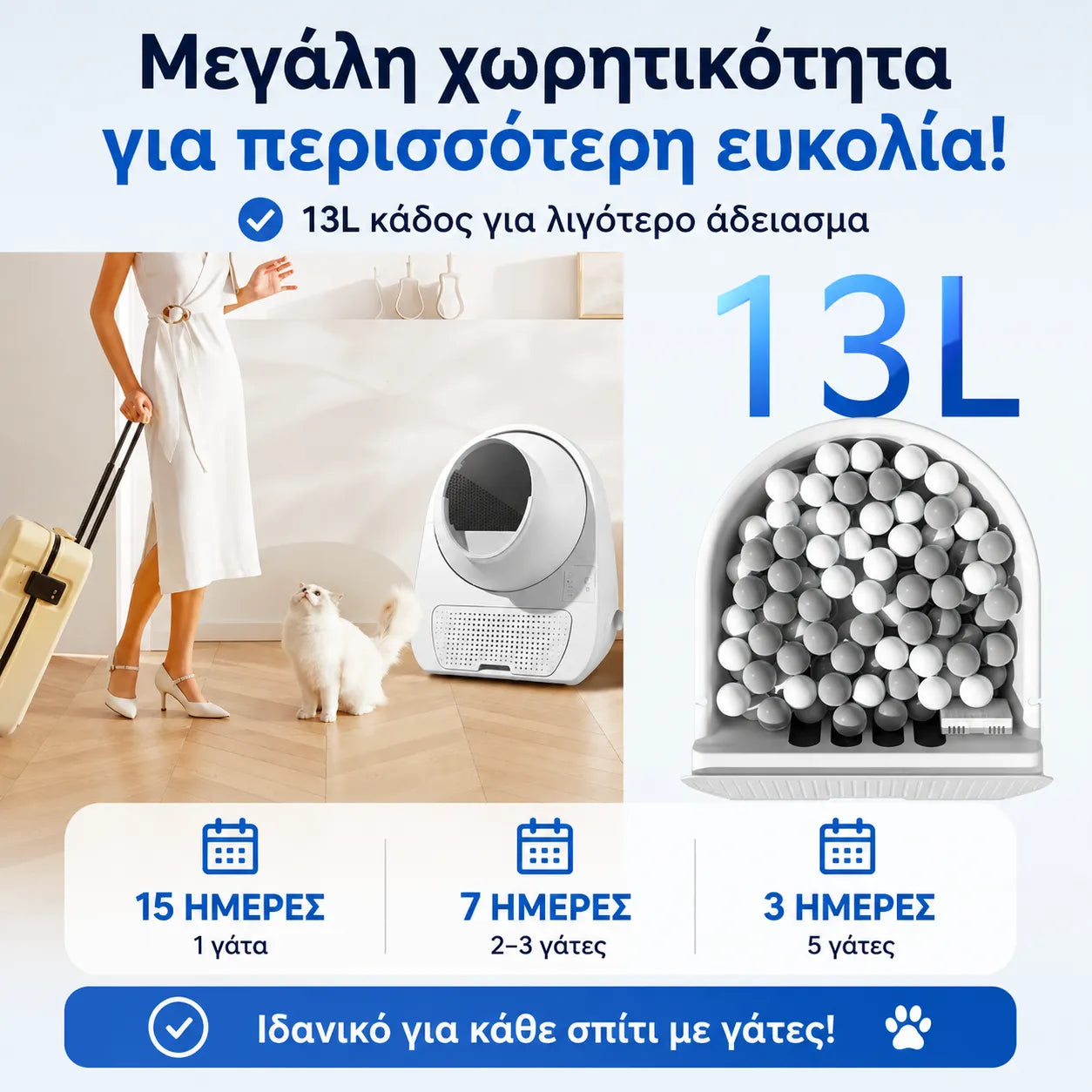CATLINK Young τετράγωνη εικόνα με κάδο απορριμμάτων 13L και αυτονομία έως 15 ημέρες για μία γάτα