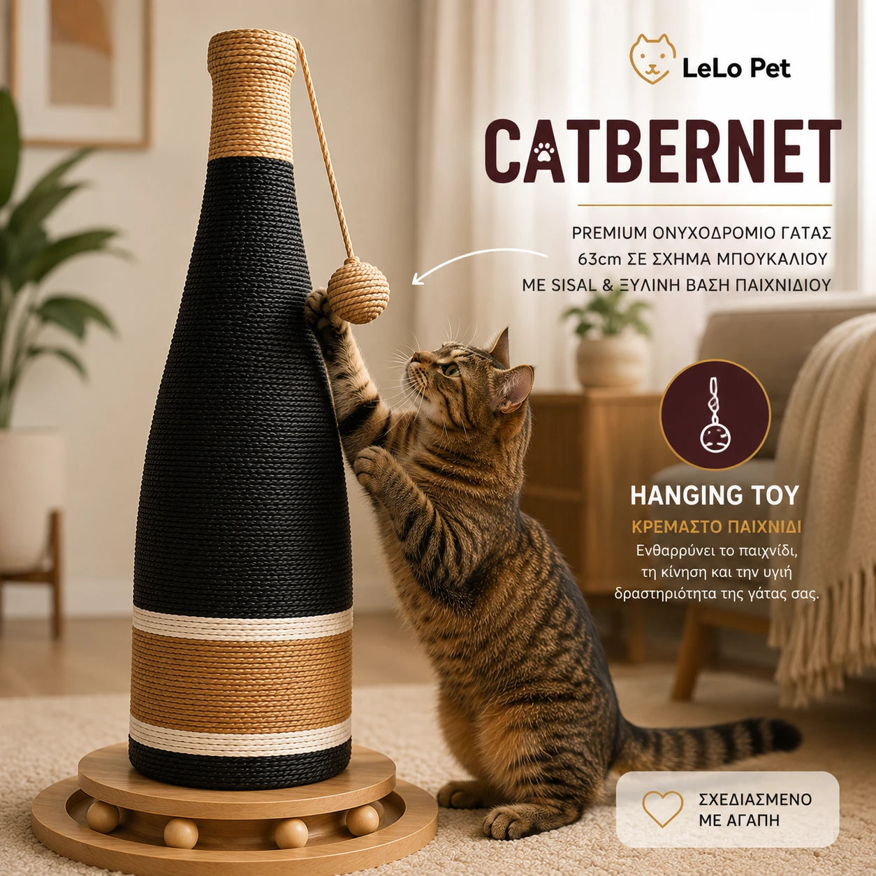 LeLo Pet Catbernet ονυχοδρόμιο γάτας 63cm με κρεμαστό παιχνίδι sisal, με γάτα να παίζει και ξύλινη βάση με κινούμενες μπίλιες