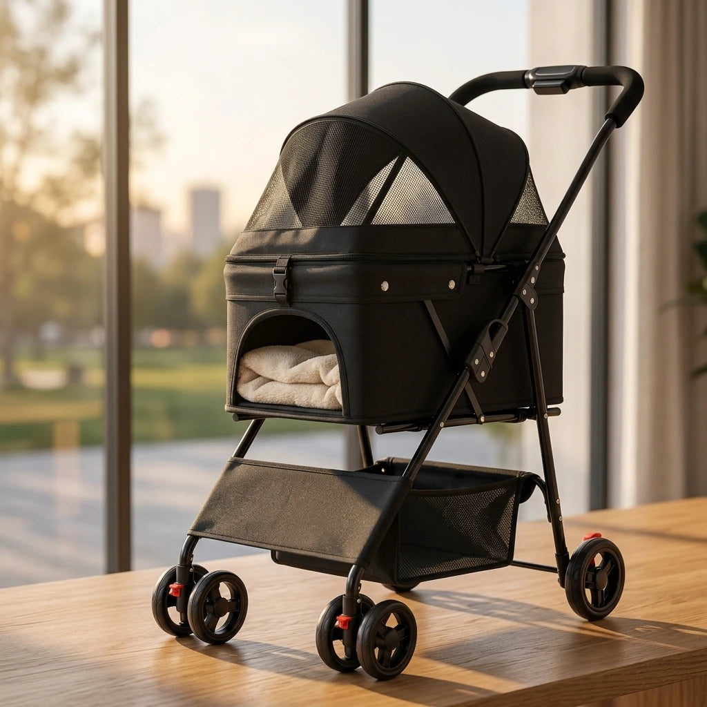 LeLo Pet CityRide Premium μαύρο αναδιπλούμενο καρότσι μεταφοράς για σκύλο και γάτα με δίχτυ εξαερισμού.