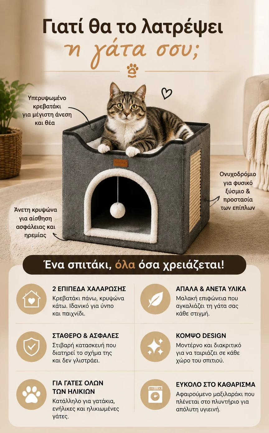 Κάθετη infographic εικόνα του LeLo Pet CozyCube® Classic Arch με δύο επίπεδα χαλάρωσης, άνετη κρυψώνα, άνω κρεβατάκι, ονυχοδρόμιο, κρεμαστό παιχνίδι και αναδιπλούμενη κατασκευή.