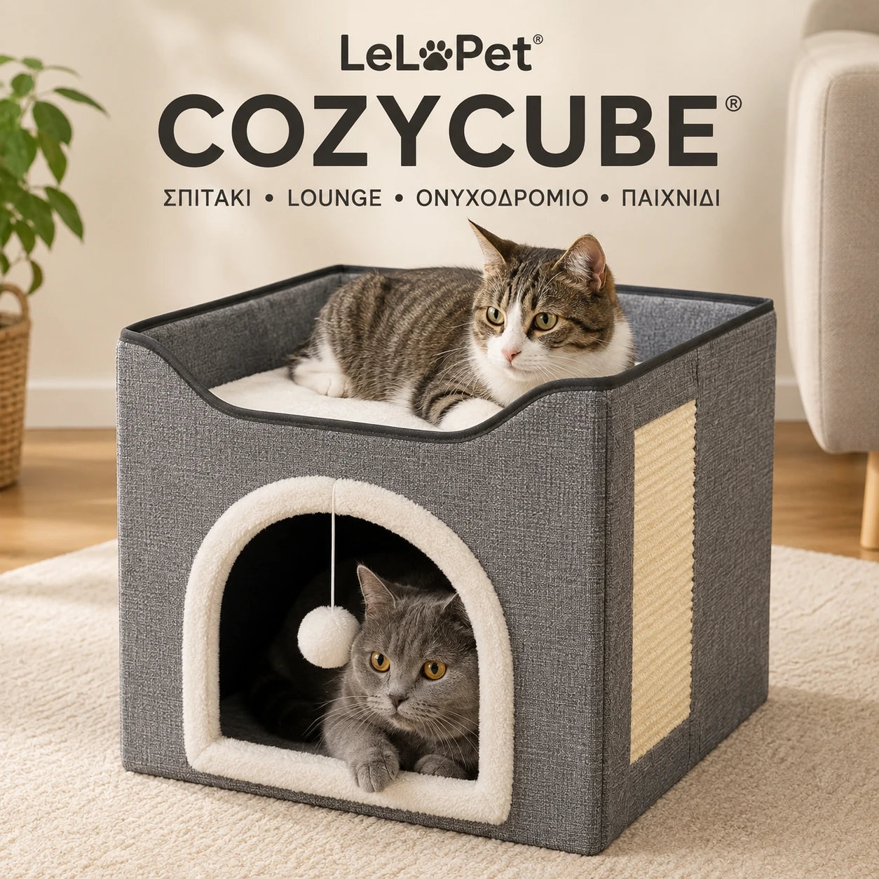 LeLo Pet CozyCube® Classic Arch γκρι διώροφο σπιτάκι γάτας με άνω κρεβατάκι, πλαϊνό ονυχοδρόμιο και κρεμαστό παιχνίδι.