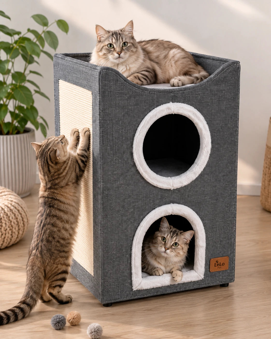 LeLo Pet CozyCube Tower γκρι τριώροφο σπιτάκι γάτας με γάτες στο άνω κρεβατάκι, το ονυχοδρόμιο και το εσωτερικό