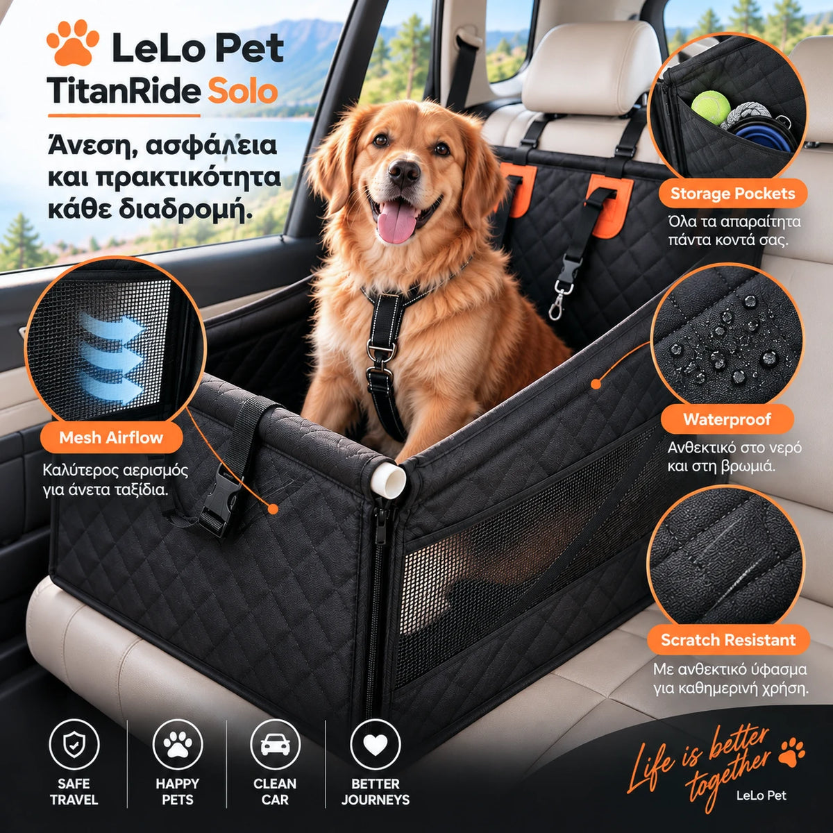 LeLo Pet TitanRide Solo με μεγάλες mesh πλευρές για αερισμό, αδιάβροχο και ανθεκτικό ύφασμα, πρακτικές θήκες αποθήκευσης και premium δομημένη κατασκευή στο πίσω κάθισμα αυτοκινήτου