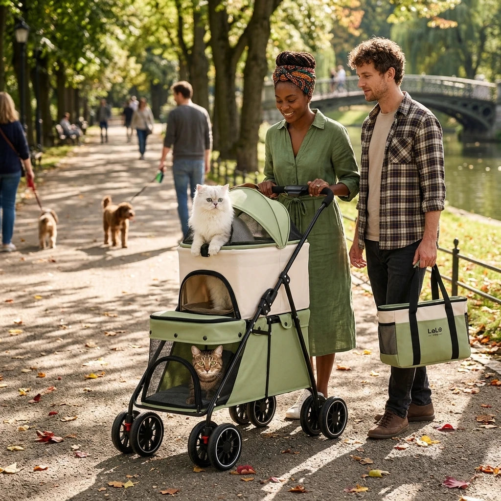 LeLo Pet UrbanCruise® Sage Green premium διώροφο καρότσι κατοικιδίων με δύο επίπεδα για σκύλους ή γάτες, σε βόλτα στο πάρκο, με μεγάλους τροχούς και αποσπώμενο carrier στο wox.gr