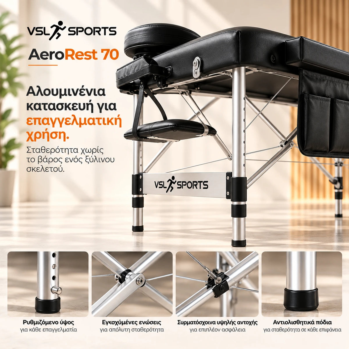 VSL Sports AeroRest 70 κρεβάτι μασάζ με λεπτομέρειες αλουμινένιου σκελετού, ενισχύσεων, συρματόσχοινων, ρυθμιζόμενων ποδιών και μηχανισμών στήριξης.