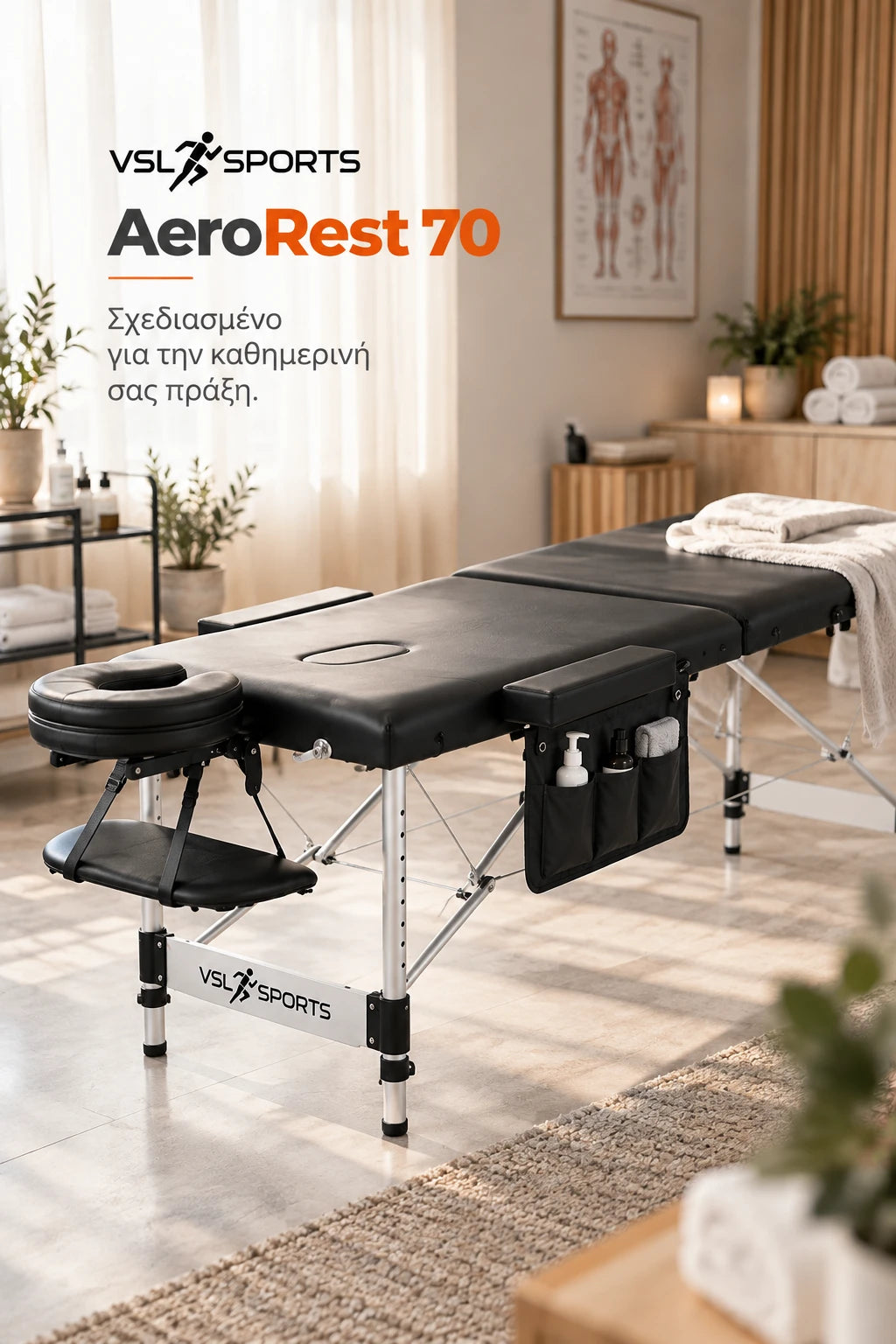 VSL Sports AeroRest 70 φορητό κρεβάτι μασάζ 70cm με αλουμινένιο σκελετό, πλαϊνή θήκη και επαγγελματικό σχεδιασμό σε φυσικό χώρο θεραπείας.