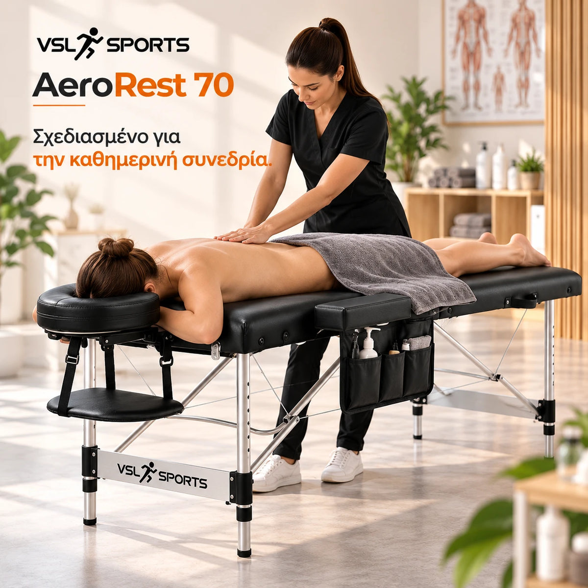 VSL Sports AeroRest 70 κρεβάτι μασάζ με αλουμινένιο σκελετό και πλαϊνή θήκη 3 θέσεων σε πραγματική επαγγελματική συνεδρία μασάζ.