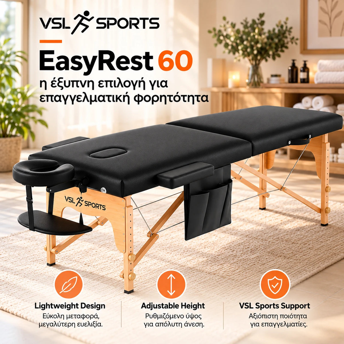 VSL Sports EasyRest 60 φορητό πτυσσόμενο κρεβάτι μασάζ σε premium επαγγελματικό περιβάλλον, με ελαφριά κατασκευή, ρυθμιζόμενο ύψος και έμφαση στη φορητότητα και την υποστήριξη VSL Sports.