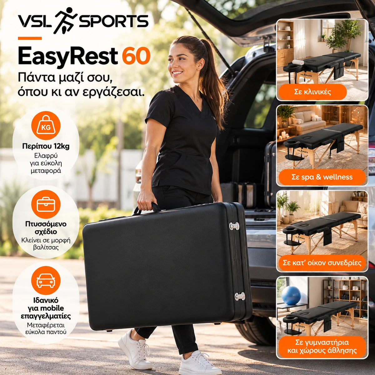 VSL Sports EasyRest 60 φορητό πτυσσόμενο κρεβάτι μασάζ σε lifestyle παρουσίαση mobile επαγγελματικής χρήσης, με βάρος περίπου 12kg και εύκολη μεταφορά σε τσάντα.