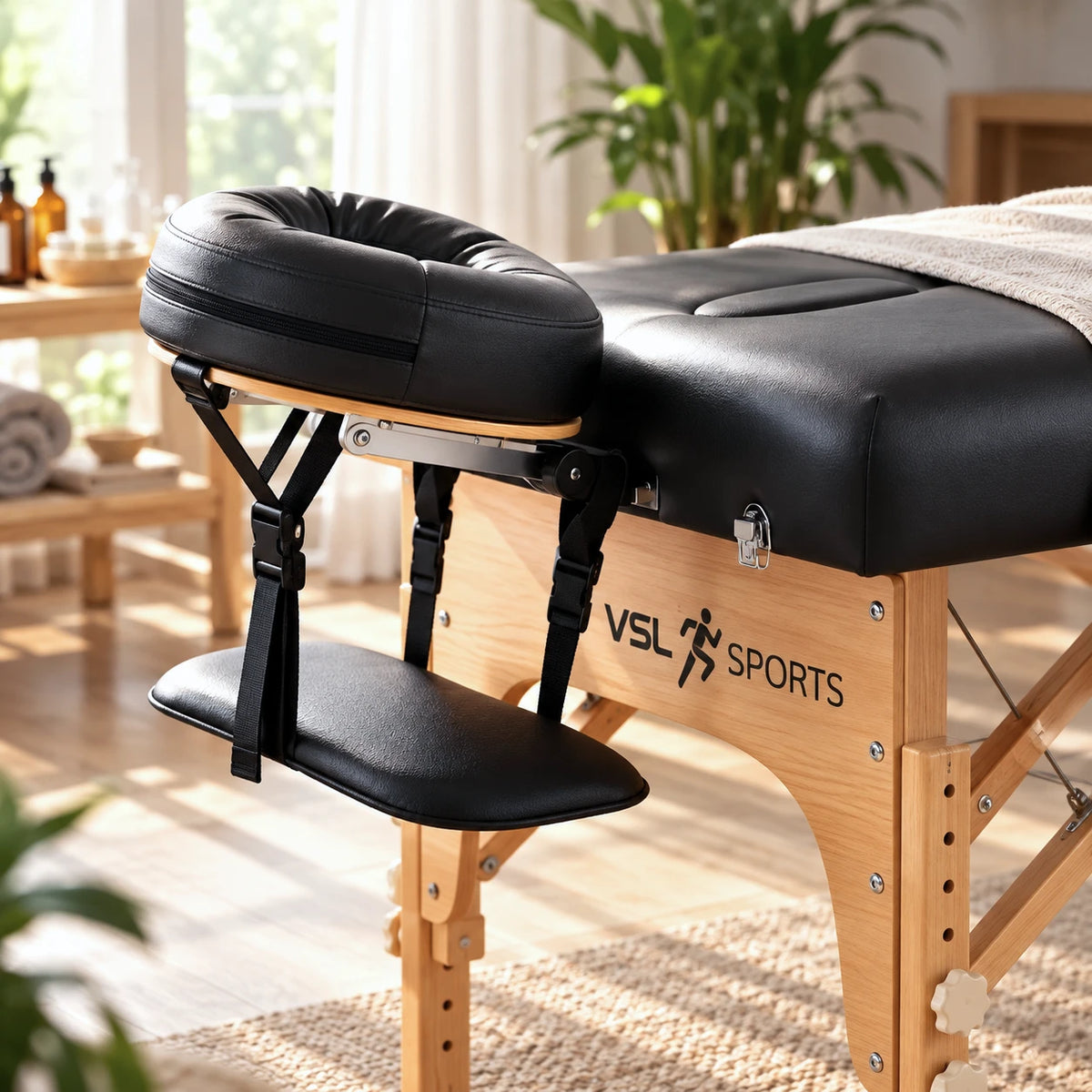 VSL Sports EliteRest high-end επαγγελματικό κρεβάτι μασάζ με premium αλουμινένιο προσκέφαλο, face cradle, στήριξη χεριών και ξύλινο Reiki Panel με λογότυπο VSL Sports.