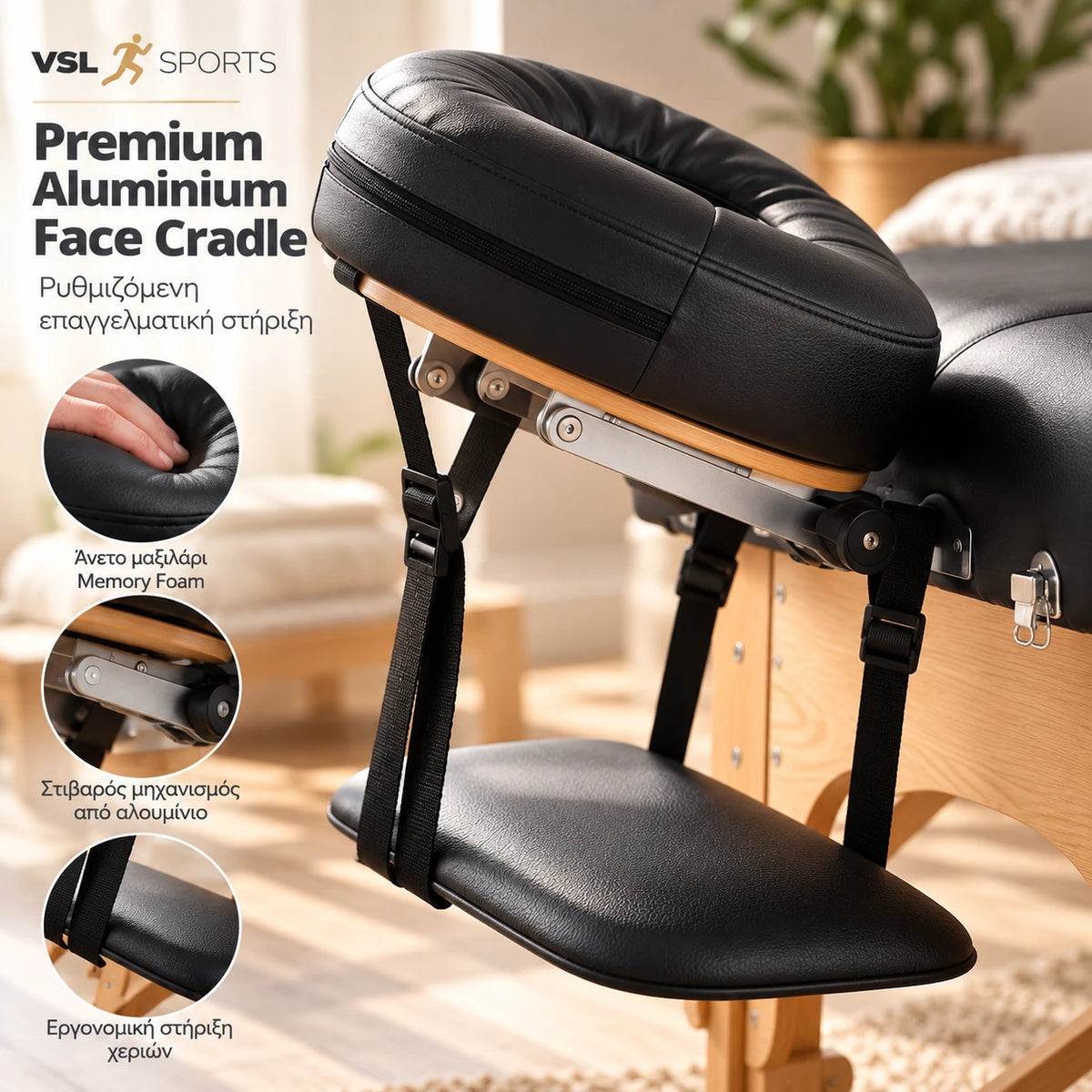 VSL Sports EliteRest high-end επαγγελματικό κρεβάτι μασάζ με premium αλουμινένιο face cradle, άνετο μαξιλάρι προσώπου και εργονομική στήριξη χεριών.