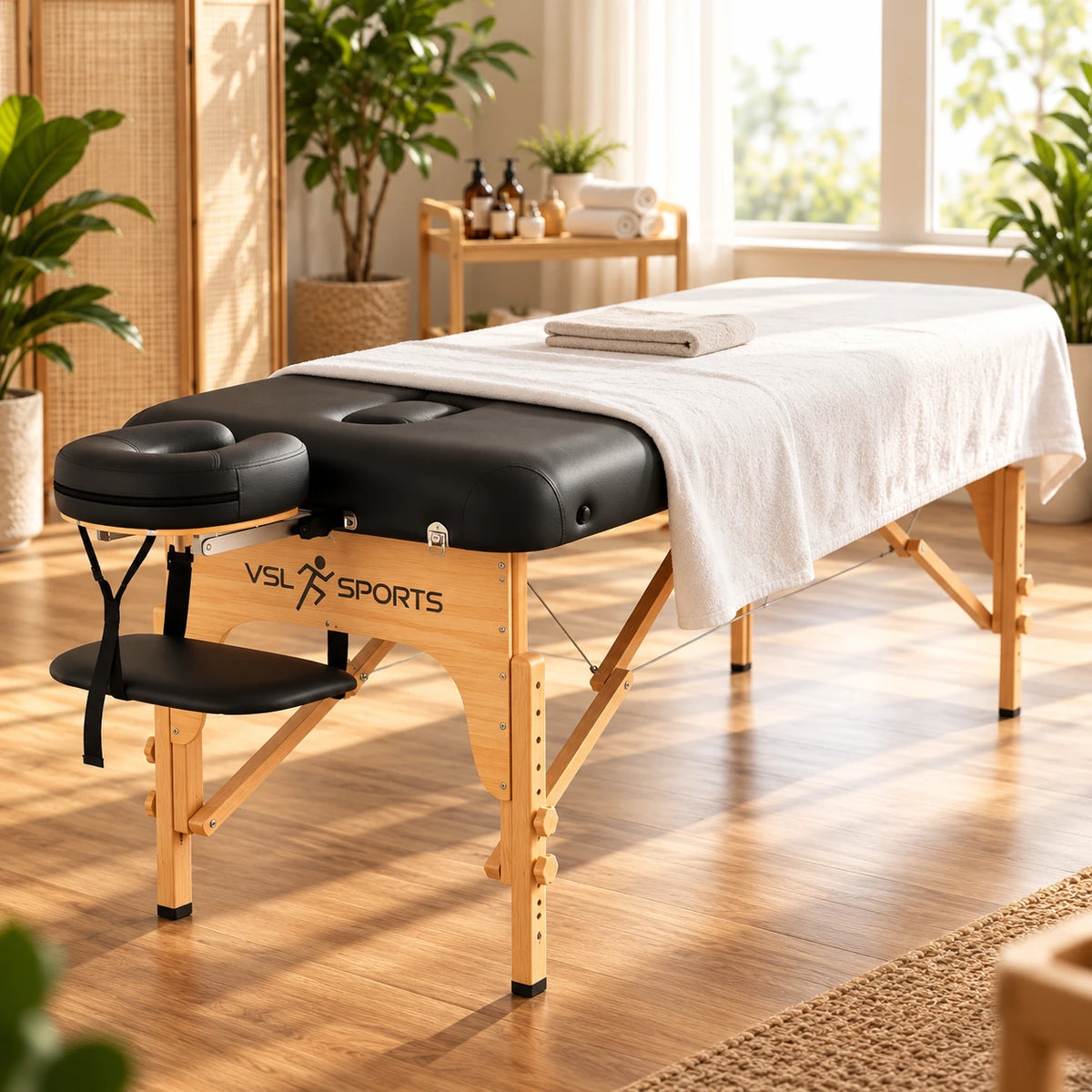 VSL Sports EliteRest high-end επαγγελματικό πτυσσόμενο κρεβάτι μασάζ σε premium spa χώρο, με ξύλινο σκελετό, μαύρη επιφάνεια PU Leather και επαγγελματικό προσκέφαλο.