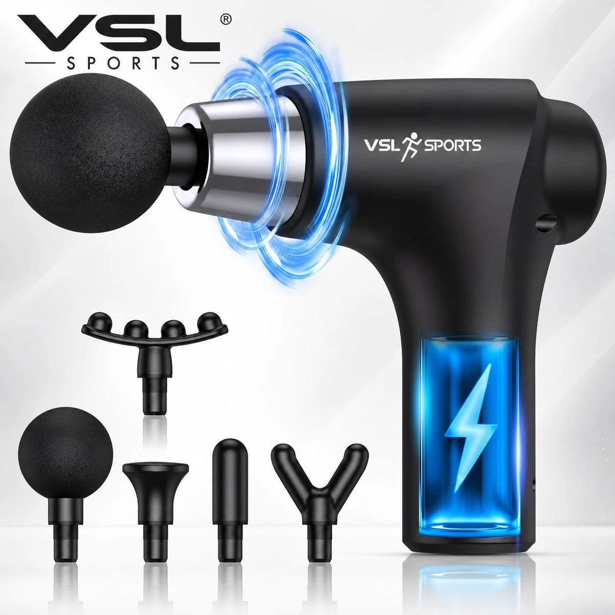 VSL Sports HyperGun Go compact πιστόλι μασάζ σε μεγάλη καθαρή απεικόνιση με 5 εναλλάξιμες κεφαλές, brushless motor και premium μαύρο σχεδιασμό.