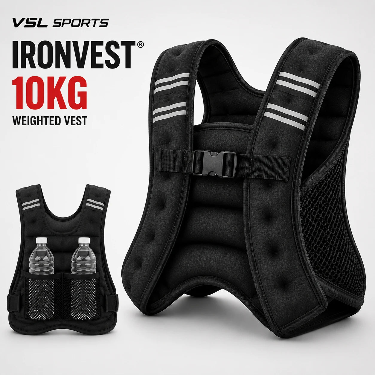VSL Sports IronVest 10kg γιλέκο βαρών weighted vest με ανακλαστικές λωρίδες, ρυθμιζόμενη εφαρμογή και πίσω mesh θήκες για μπουκάλια