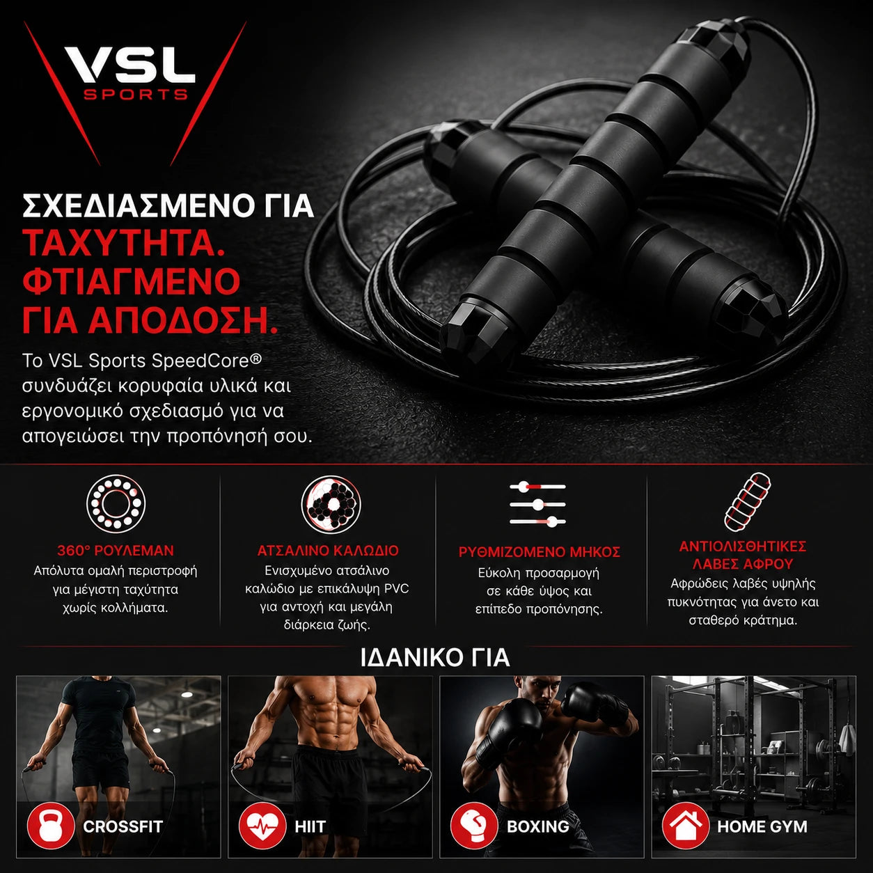 VSL Sports SpeedCore® premium σχοινάκι γυμναστικής με ρουλεμάν 360°, ατσάλινο καλώδιο PVC, ρυθμιζόμενο μήκος και αντιολισθητικές λαβές για CrossFit, HIIT, Boxing και Home Gym