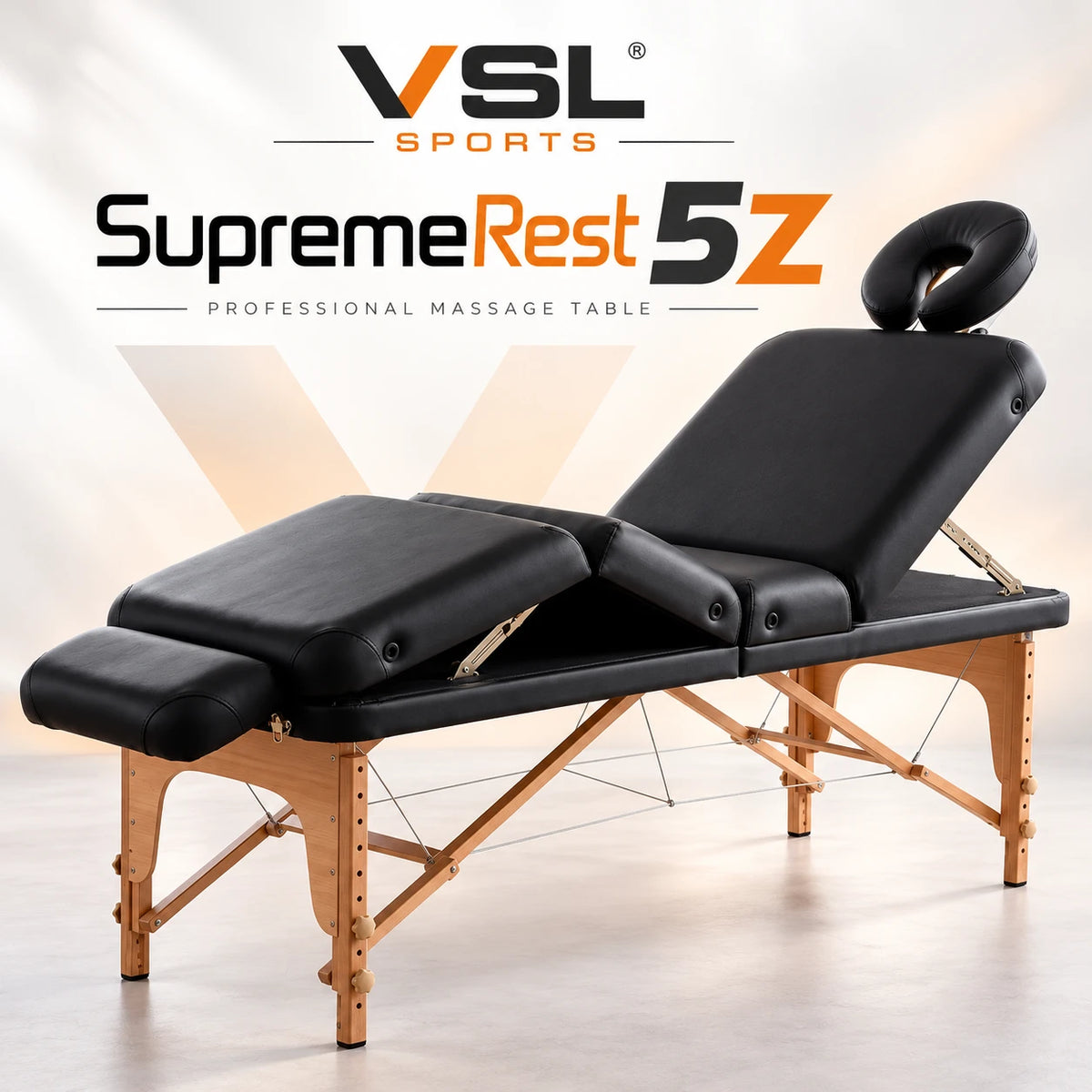 VSL Sports SupremeRest 5Z επαγγελματικό κρεβάτι μασάζ 5 τμημάτων με ρυθμιζόμενη πλάτη, ανακλινόμενη στήριξη ποδιών, ξύλινο σκελετό και premium μαύρη επένδυση.