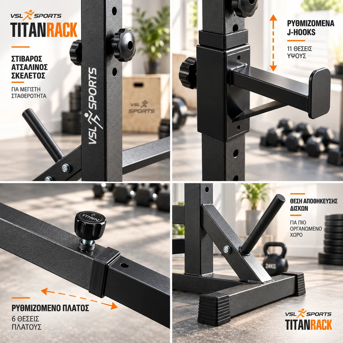 Λεπτομέρειες VSL Sports TitanRack με ατσάλινο σκελετό, ρυθμιζόμενα supports, 6 θέσεις πλάτους και ενσωματωμένη αποθήκευση δίσκων