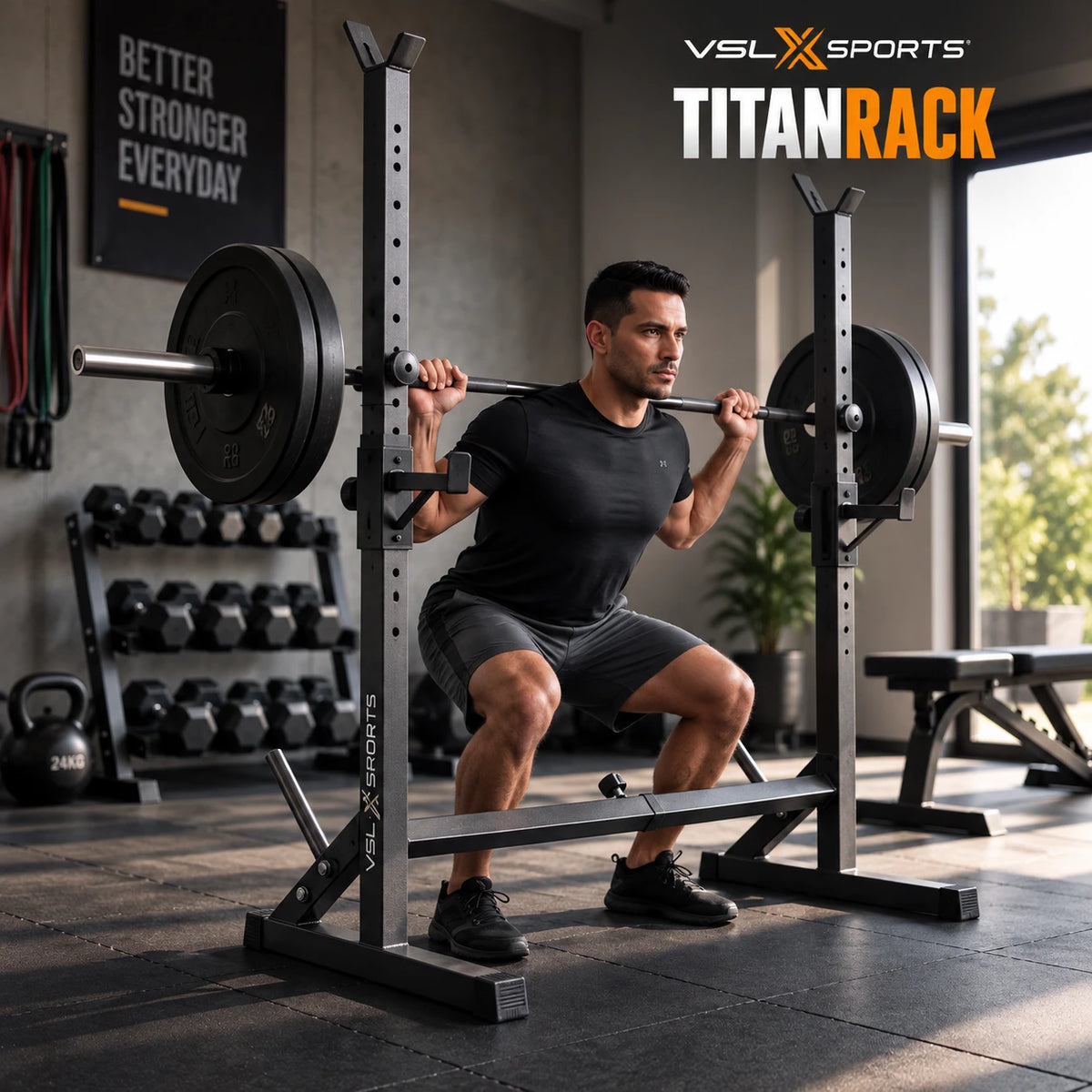 Αθλητής εκτελεί squat με μπάρα στο VSL Sports TitanRack, ρυθμιζόμενο squat rack για προπόνηση δύναμης και home gym