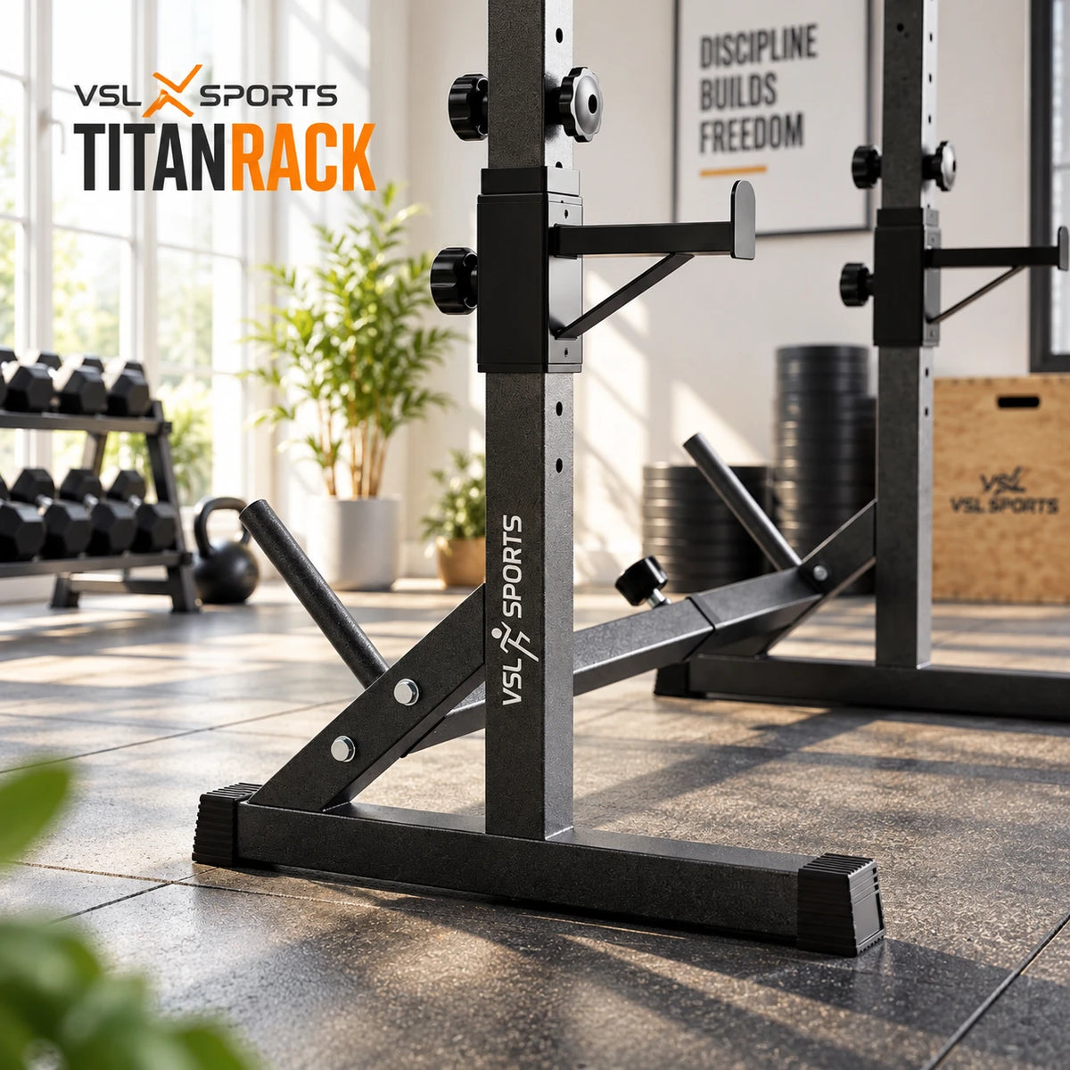 Λεπτομέρεια VSL Sports TitanRack με ατσάλινο σκελετό, ενισχυμένη βάση, ρυθμιζόμενο support και θέση αποθήκευσης δίσκων σε φωτεινό home gym