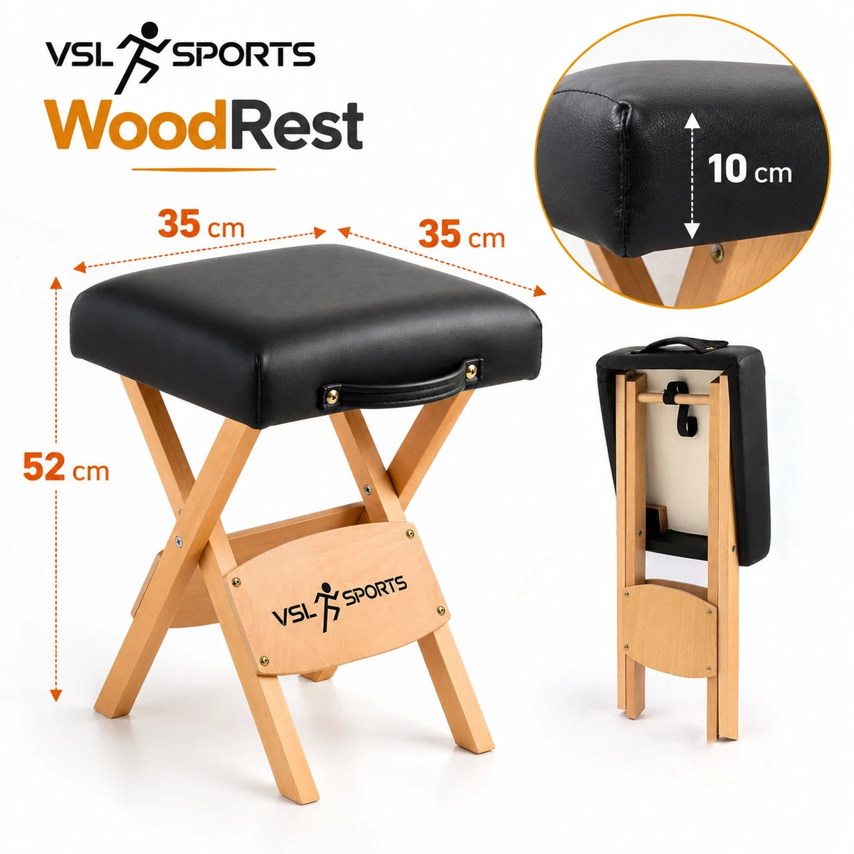 VSL Sports WoodRest πτυσσόμενο ξύλινο σκαμπό μασάζ με κάθισμα 35×35cm, συνολικό ύψος 52cm και μαλακή επένδυση πάχους 10cm.