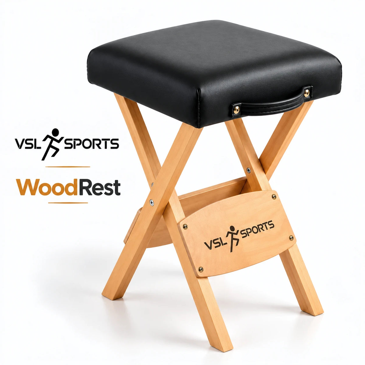 VSL Sports WoodRest πτυσσόμενο ξύλινο σκαμπό μασάζ με μαύρο μαλακό κάθισμα, φυσικό ξύλινο σκελετό και premium επαγγελματική παρουσίαση.