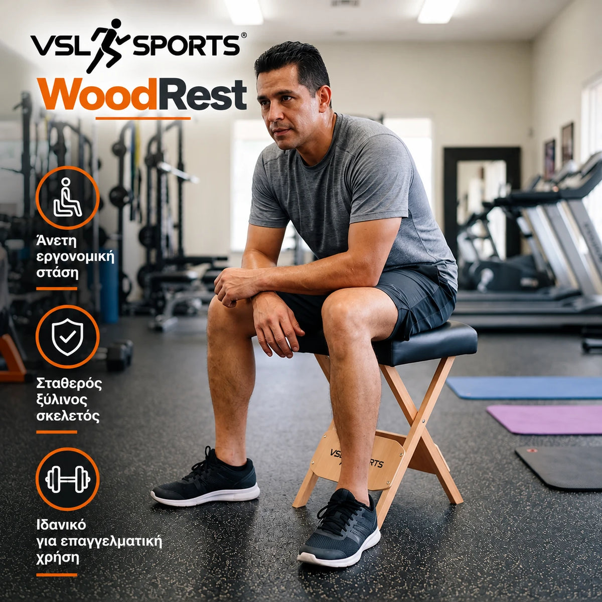 VSL Sports WoodRest πτυσσόμενο ξύλινο σκαμπό σε επαγγελματικό γυμναστήριο με άνετο κάθισμα, σταθερό ξύλινο σκελετό και πρακτικό σχεδιασμό για καθημερινή χρήση.