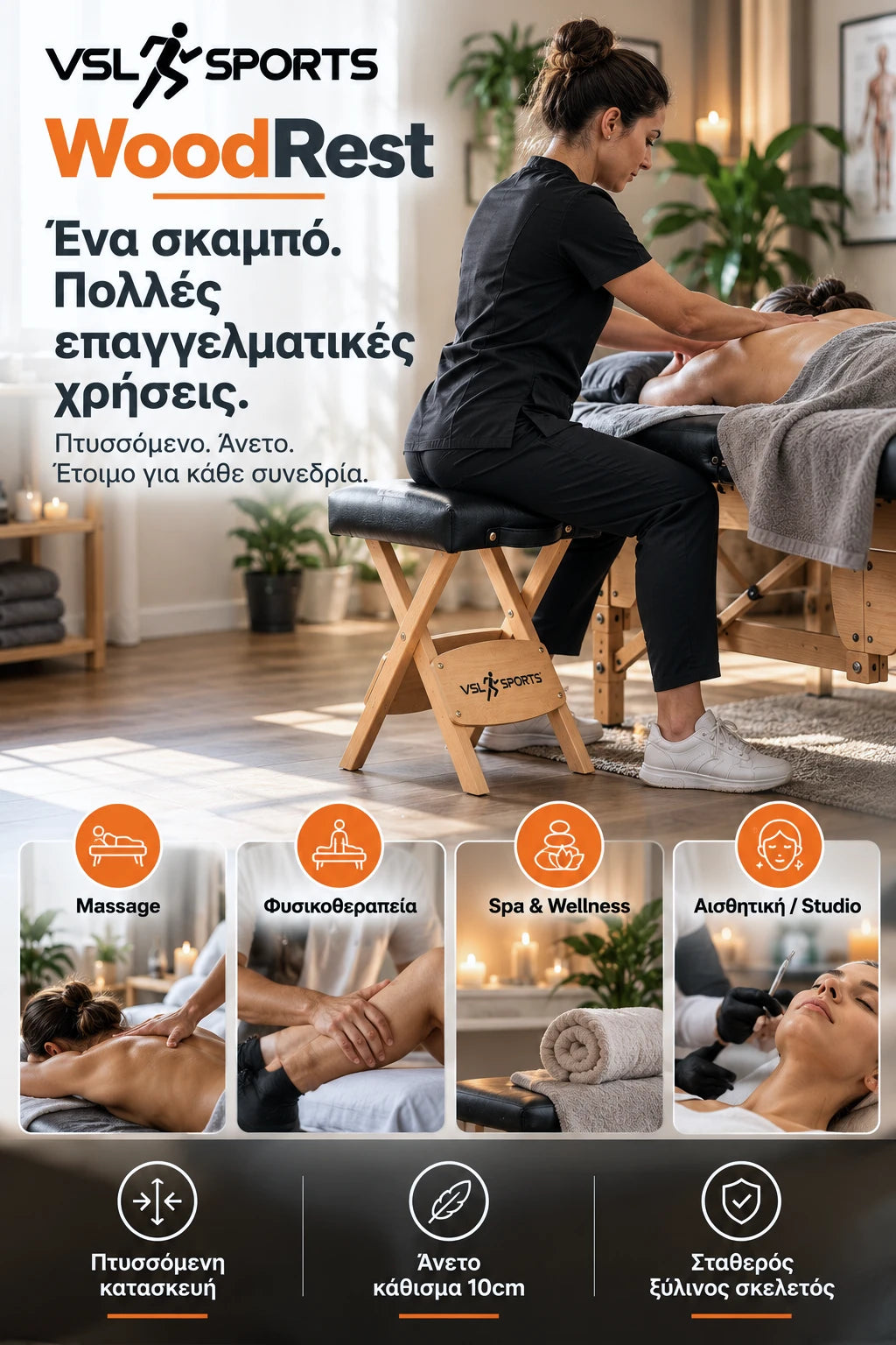 VSL Sports WoodRest πτυσσόμενο ξύλινο σκαμπό για massage, φυσικοθεραπεία, spa, wellness και αισθητική, με μαλακό κάθισμα 10cm και σταθερό ξύλινο σκελετό.