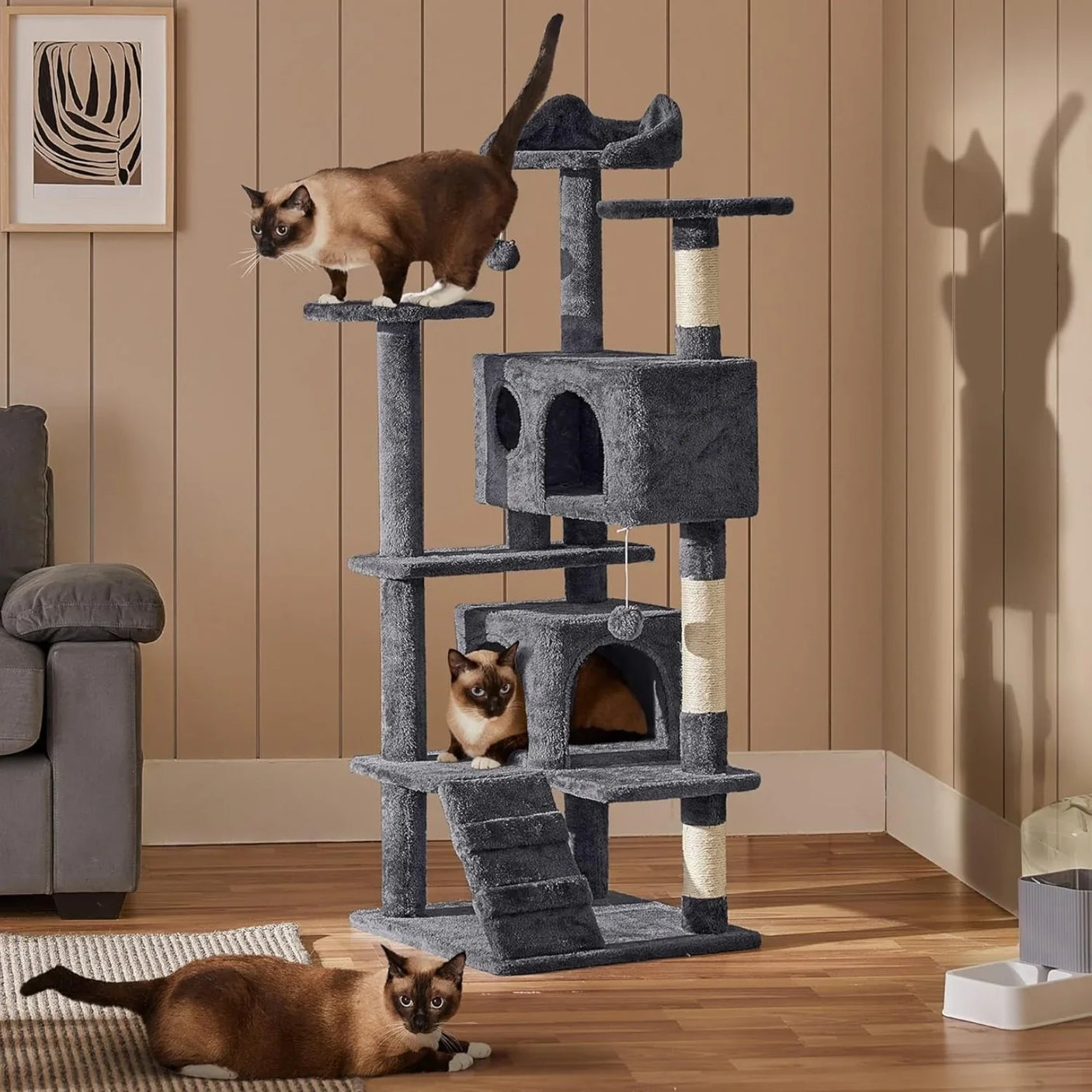 Γάτα 3 κιλών σκαρφαλώνει και παίζει με τα κρεμαστά παιχνίδια στο γατόδεντρο Wallex – σταθερότητα χωρίς κουνήματα