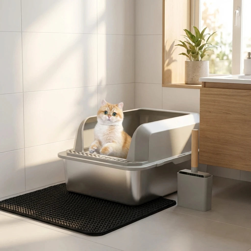 Wallex CatCare® XXL Inox - Stainless Steel Toilet for Very Large Cats + FREE Litter Mat | 60x40x30.5 cm.