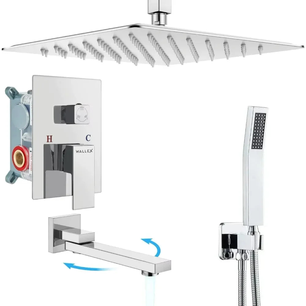 Wallex HydroFlow 3X® - Εντοιχιζόμενο Σετ Ντους 3 Εξόδων | Inox Ασημί | Κεφαλή 25cm, Τηλέφωνο Ντους & Ρουξούνι