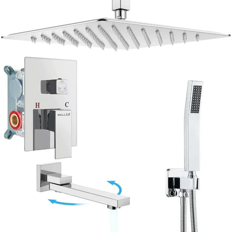 Wallex HydroFlow 3X® - Εντοιχιζόμενο Σετ Ντους 3 Εξόδων | Inox Ασημί | Κεφαλή 25cm, Τηλέφωνο Ντους & Ρουξούνι