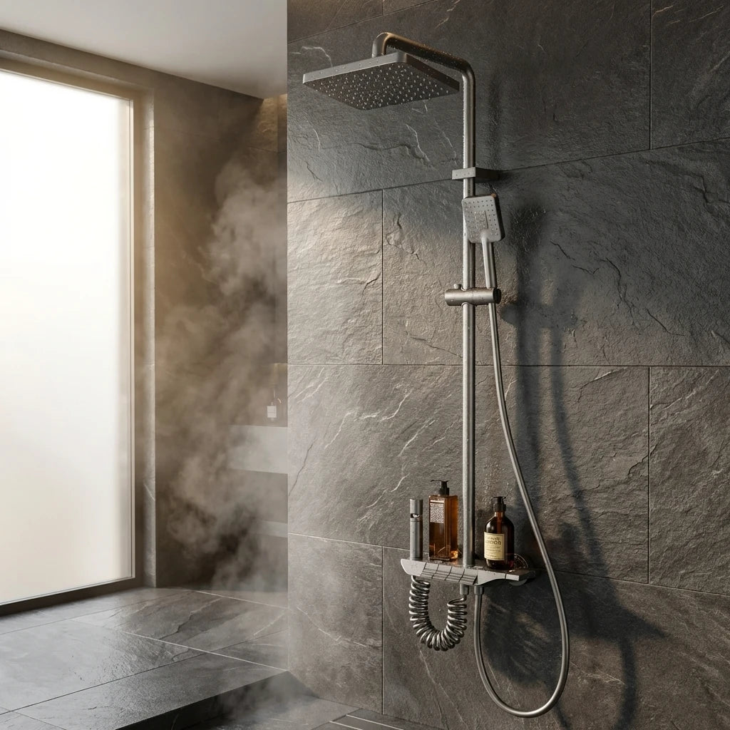 Rainfall κεφαλή ντους Wallex HydroFlow με έντονη ροή και ατμό σε μπάνιο