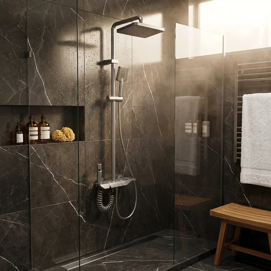 Premium στήλη ντους Wallex HydroFlow σε μπάνιο με σκούρο μάρμαρο και spa αισθητική