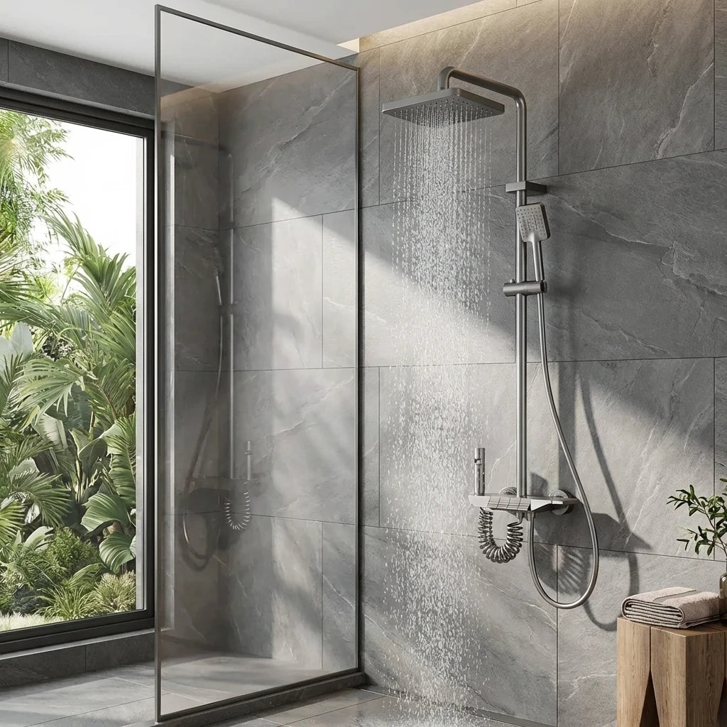 Wallex HydroFlow σε ντουζιέρα με γυάλινη καμπίνα και luxury σχεδιασμό μπάνιου