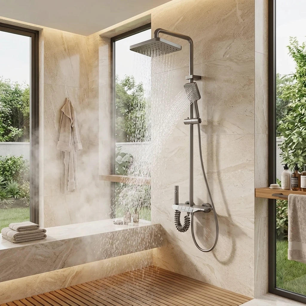 Wallex HydroFlow στήλη ντους σε μοντέρνο μπάνιο με φυσικό φως και μεγάλη κεφαλή ντους