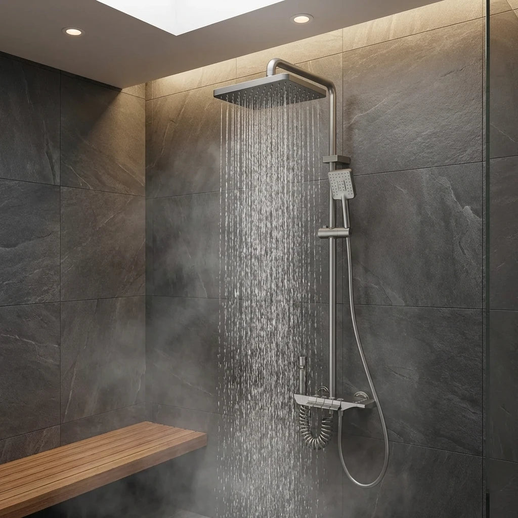 Θερμοστατική στήλη ντους Wallex HydroFlow σε spa μπάνιο με ατμό και rainfall κεφαλή