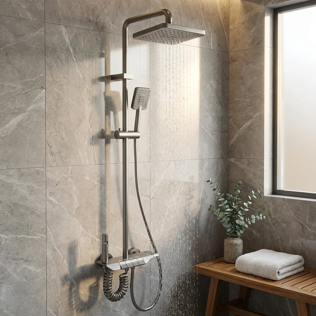 Wallex HydroFlow θερμοστατική στήλη ντους 4 λειτουργιών με κεφαλή 20x26cm γραφίτης premium