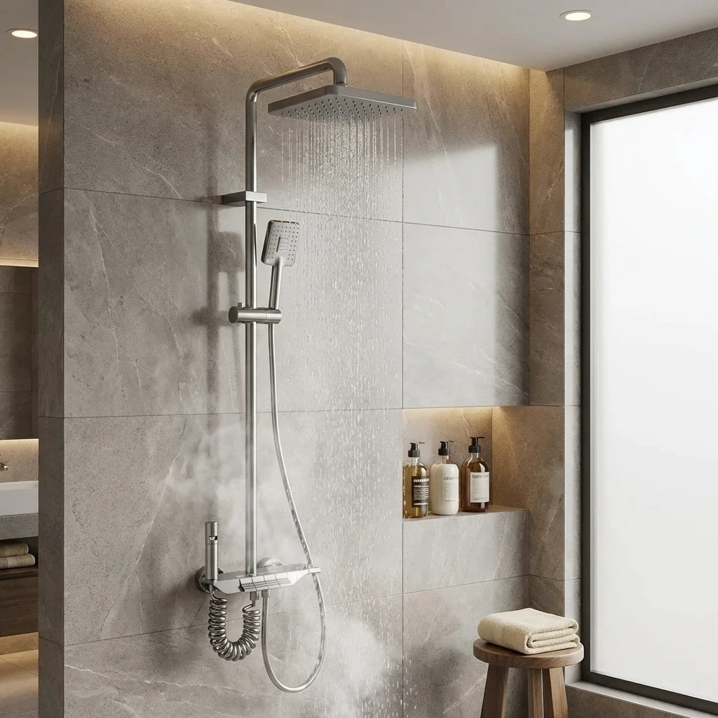 Στήλη ντους Wallex HydroFlow με θερμοστατικό μίκτη σε minimal μπάνιο