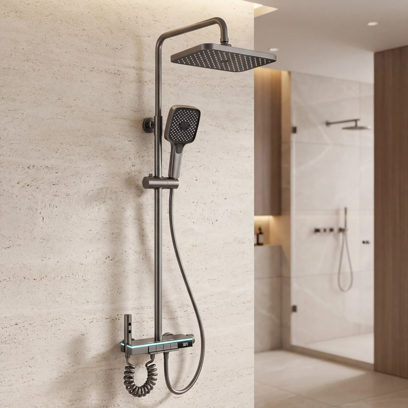 Wallex HydroTech® premium στήλη ντους με ψηφιακή οθόνη σε σύγχρονο μπάνιο
