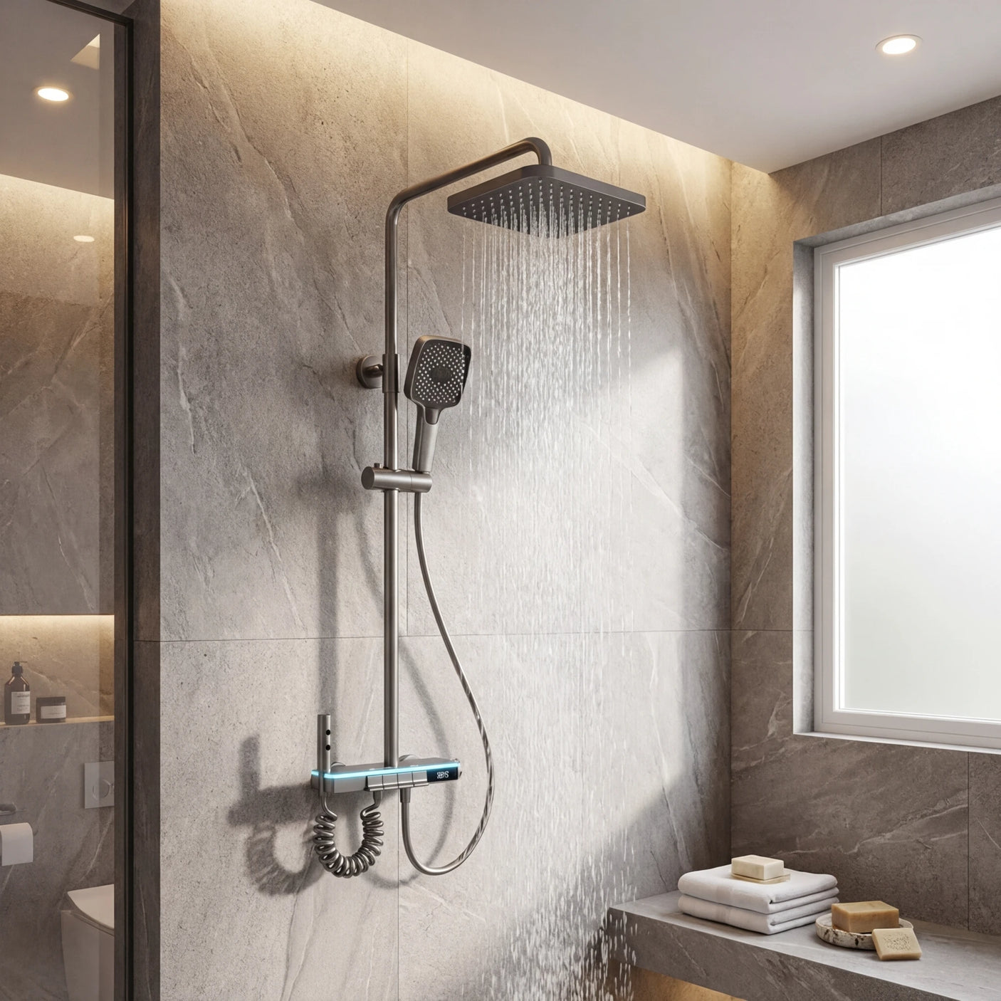 Wallex HydroTech® θερμοστατική στήλη ντους με κεφαλή βροχής σε πολυτελές μπάνιο
