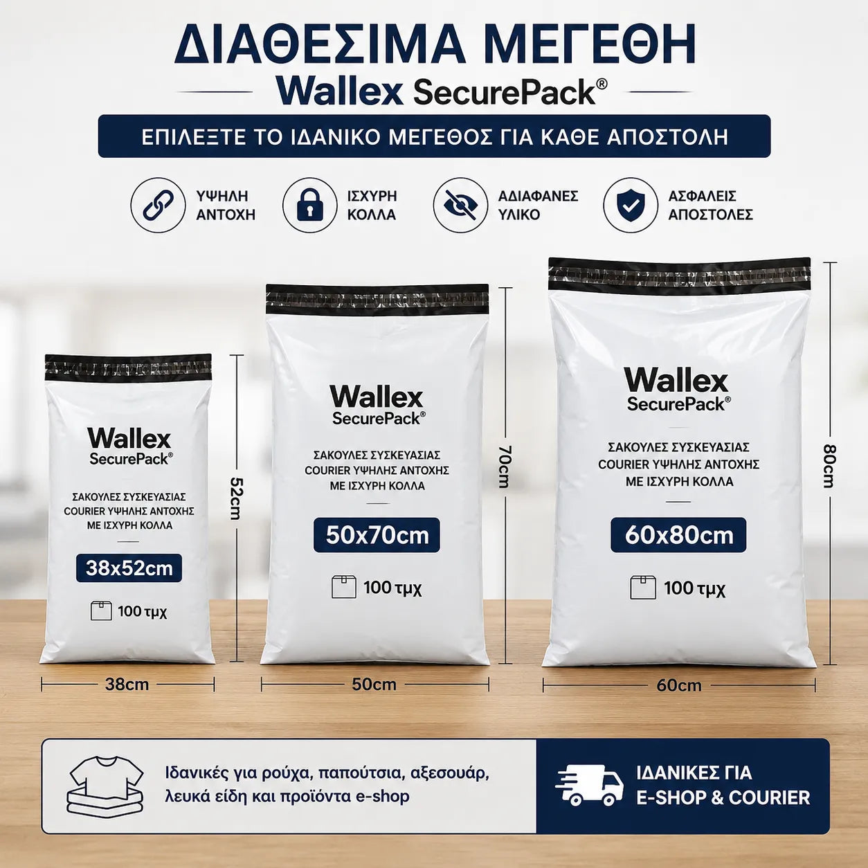 Wallex SecurePack® σακούλες courier σε τρία διαθέσιμα μεγέθη για e-shop και επαγγελματικές αποστολές